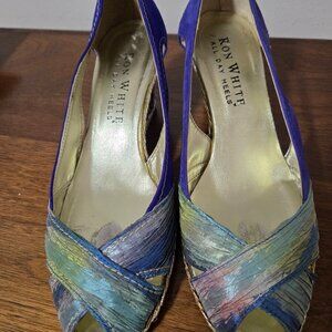 Ron White All Day Heels Wedges with Blue Suede/Silk - Women Shoes 7 M